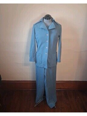 vintage 1970s Jumpsuit And Jacket,  Size M Retro Blue Polyester Pantsuit Disco